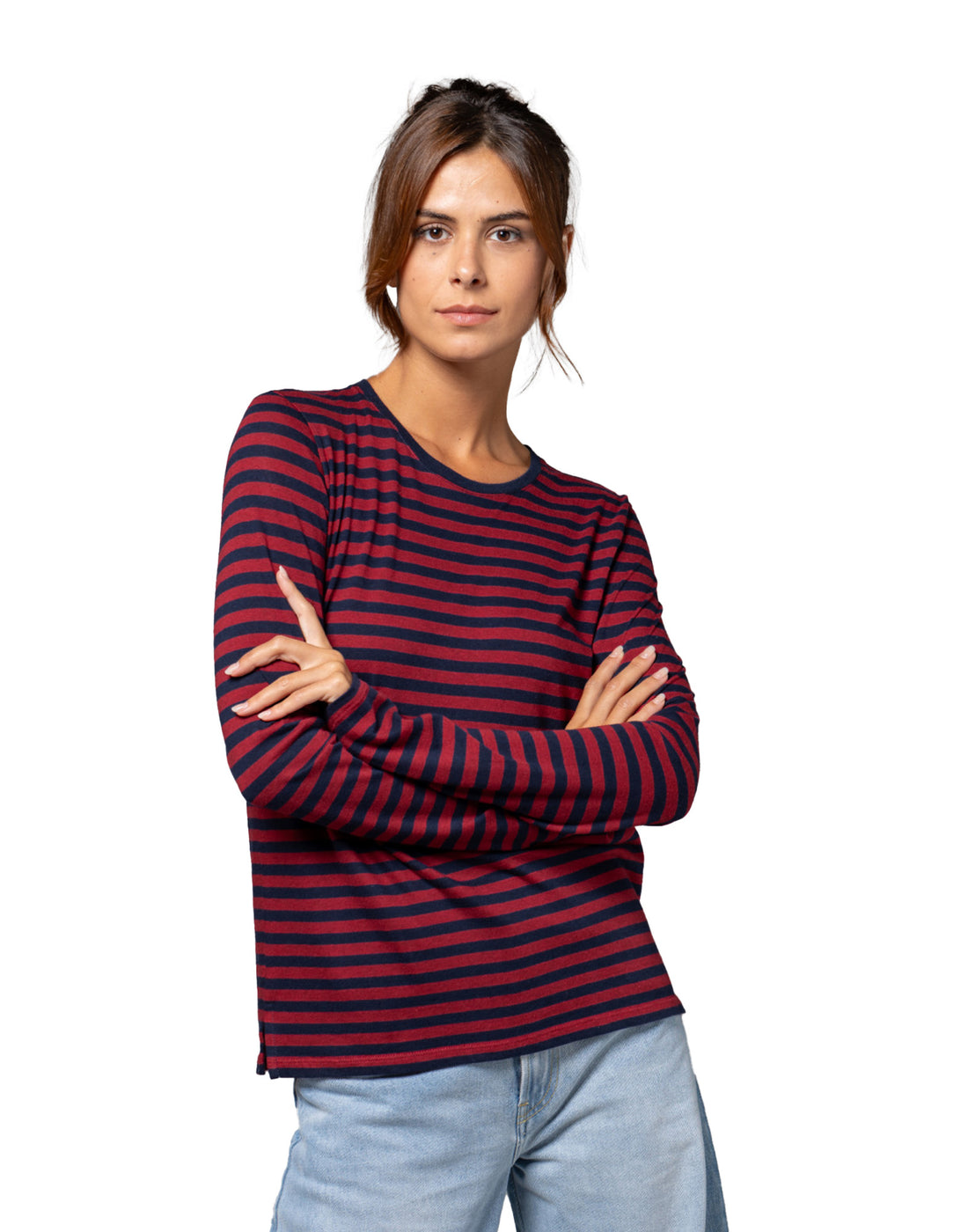 MAJESTIC FILATURES T-shirt in Cotone e Cashmere a Righe Blu e Rosso Ciliegia