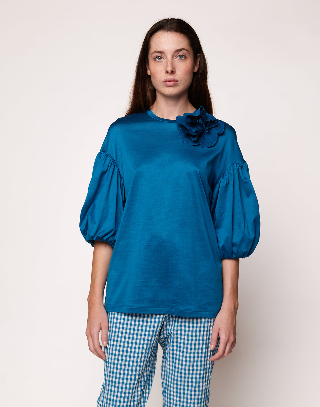 DOUUOD T-shirt Girocollo con Manica a Balloon Agata Blu