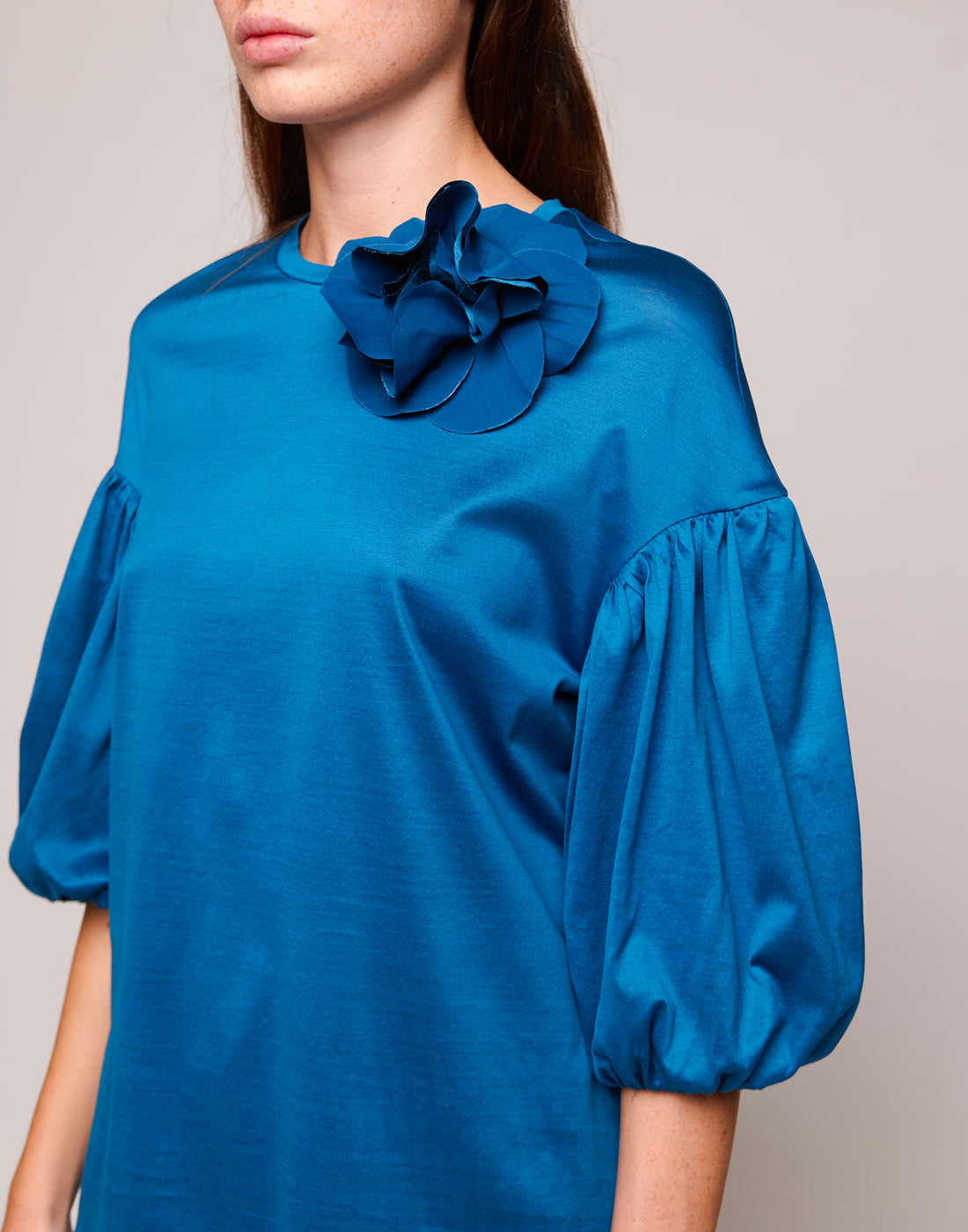 DOUUOD T-shirt Girocollo con Manica a Balloon Agata Blu