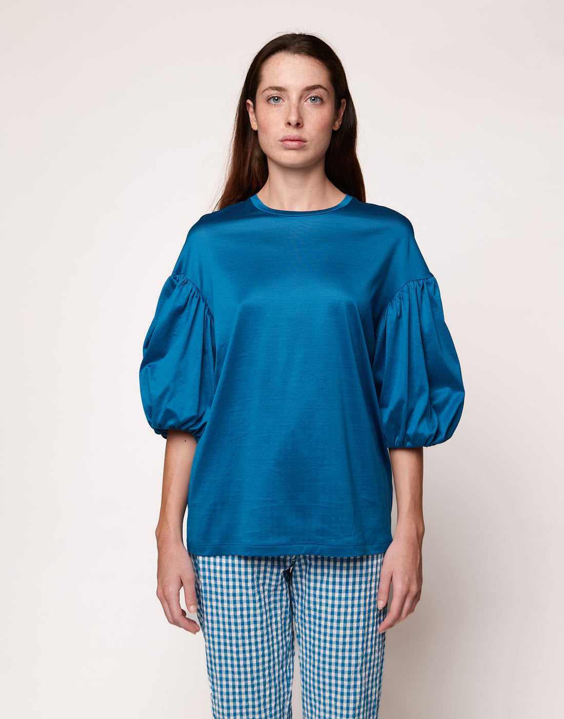 DOUUOD T-shirt Girocollo con Manica a Balloon Agata Blu