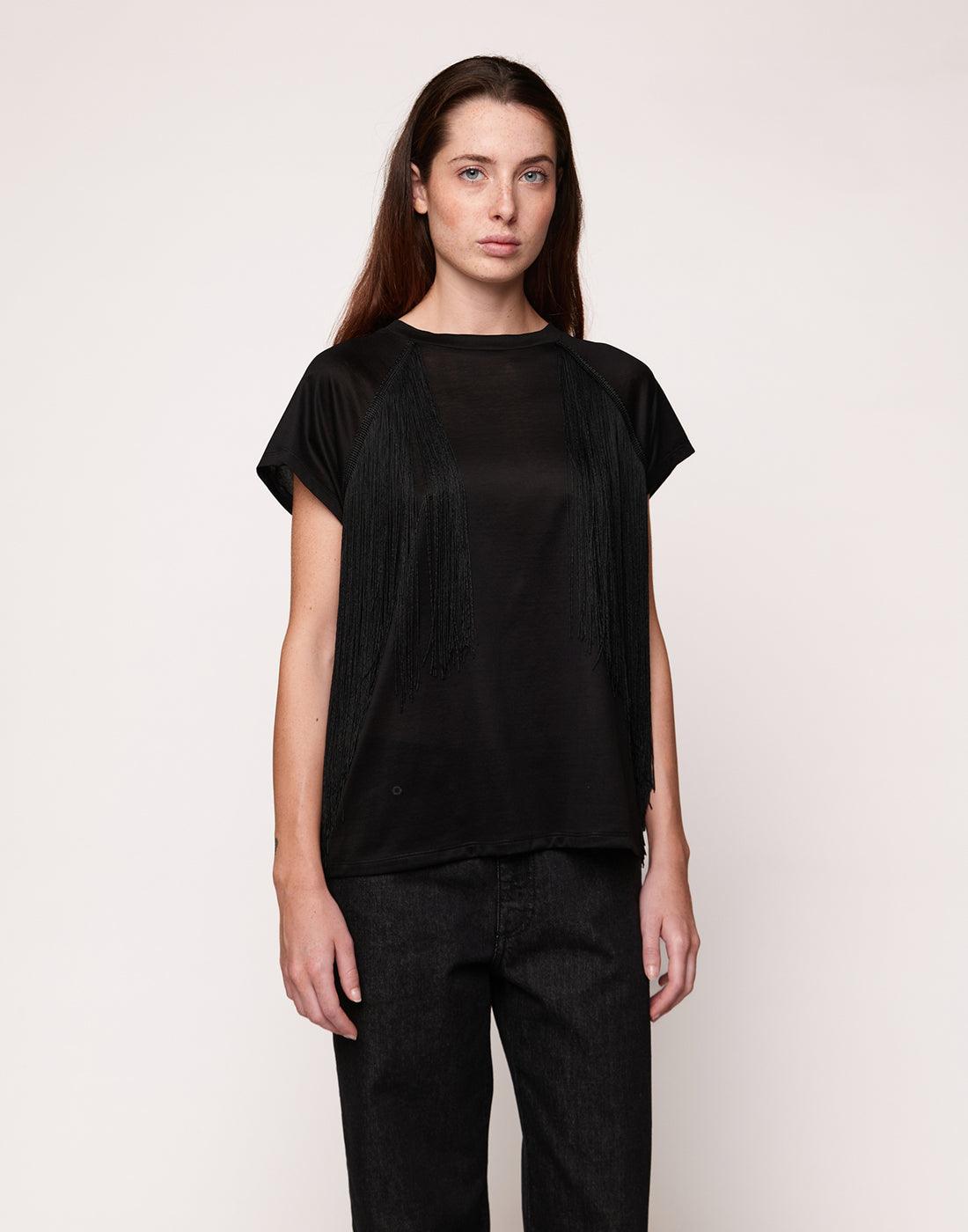 DOUUOD T-shirt in Cotone Makò con Frange Nera