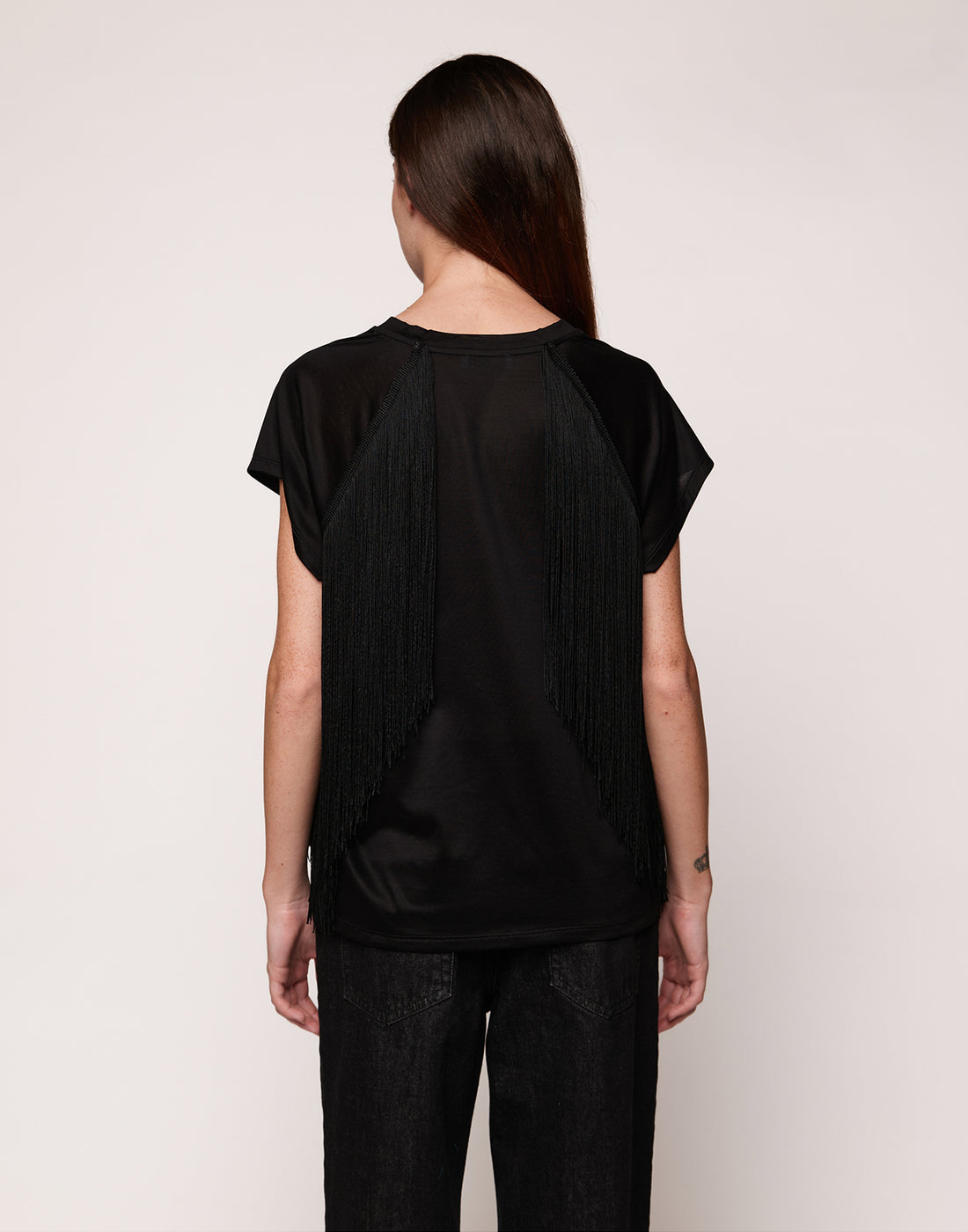 DOUUOD T-shirt in Cotone Makò con Frange Nera