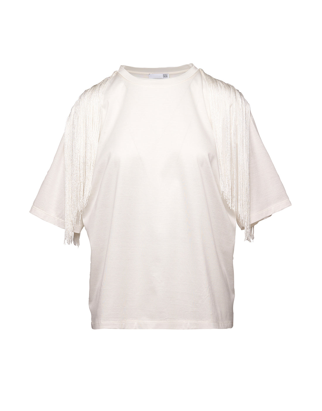 DOUUOD T-shirt in Cotone Makò con Frange sulle Spalle Latte