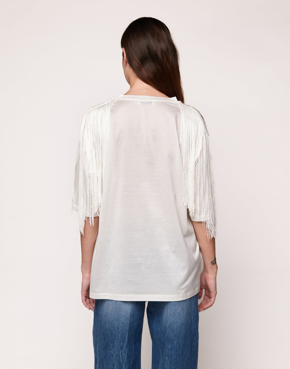 DOUUOD T-shirt in Cotone Makò con Frange sulle Spalle Latte