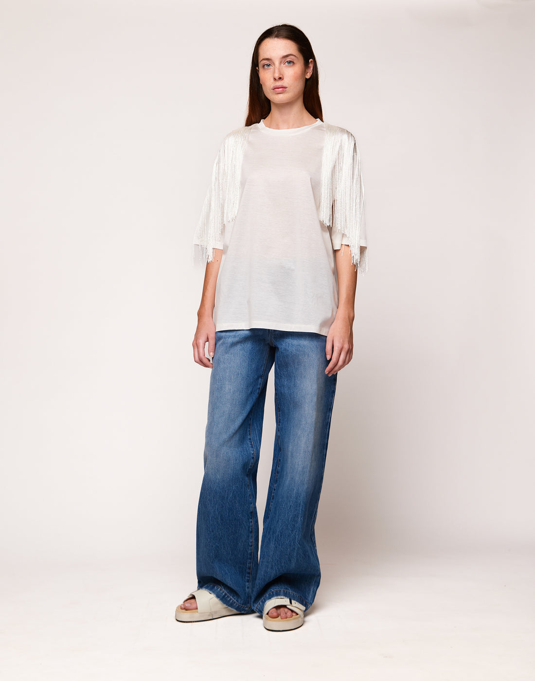 DOUUOD T-shirt in Cotone Makò con Frange sulle Spalle Latte