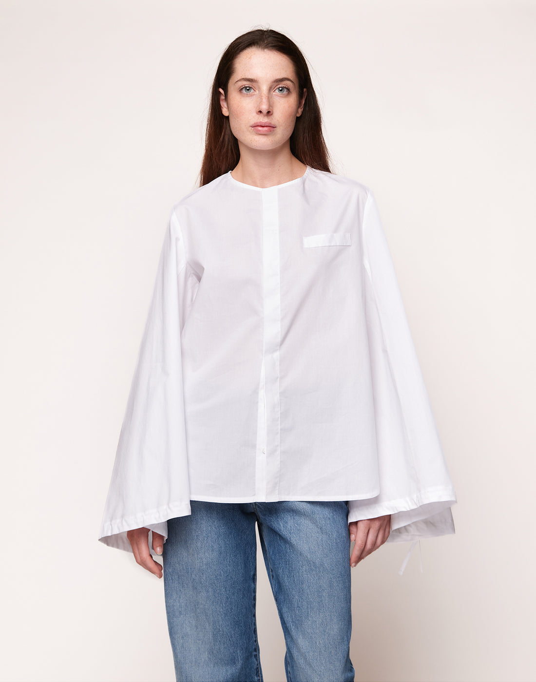 DOUUOD Camicia Girocollo con Maniche Ampie in Popeline Off White