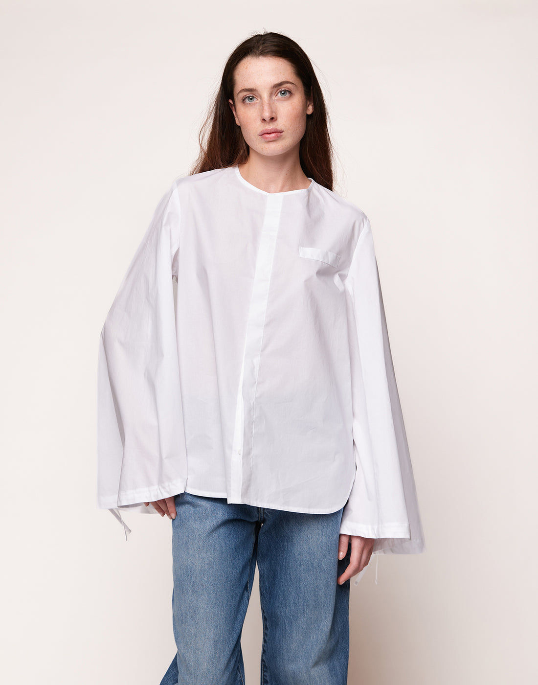 DOUUOD Camicia Girocollo con Maniche Ampie in Popeline Off White