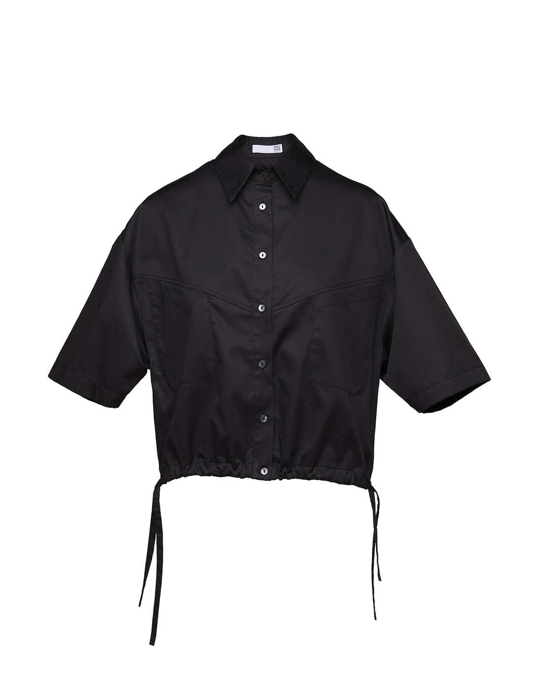 DOUUOD Camicia Cropped con Coulisse in Popeline Satin Nero