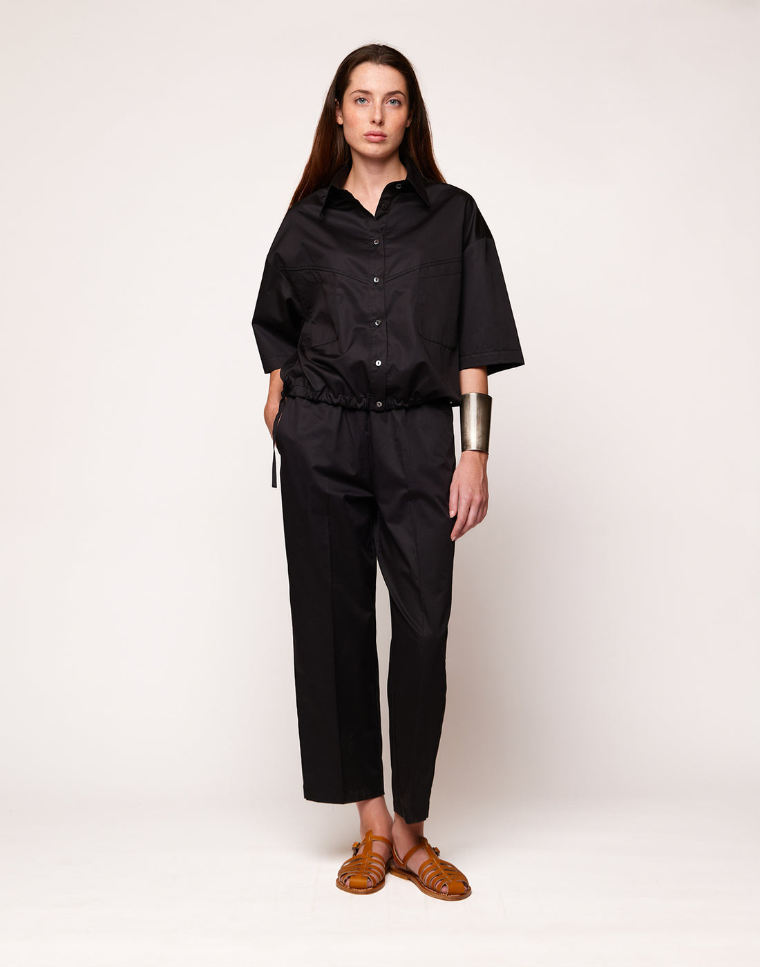 DOUUOD Camicia Cropped con Coulisse in Popeline Satin Nero