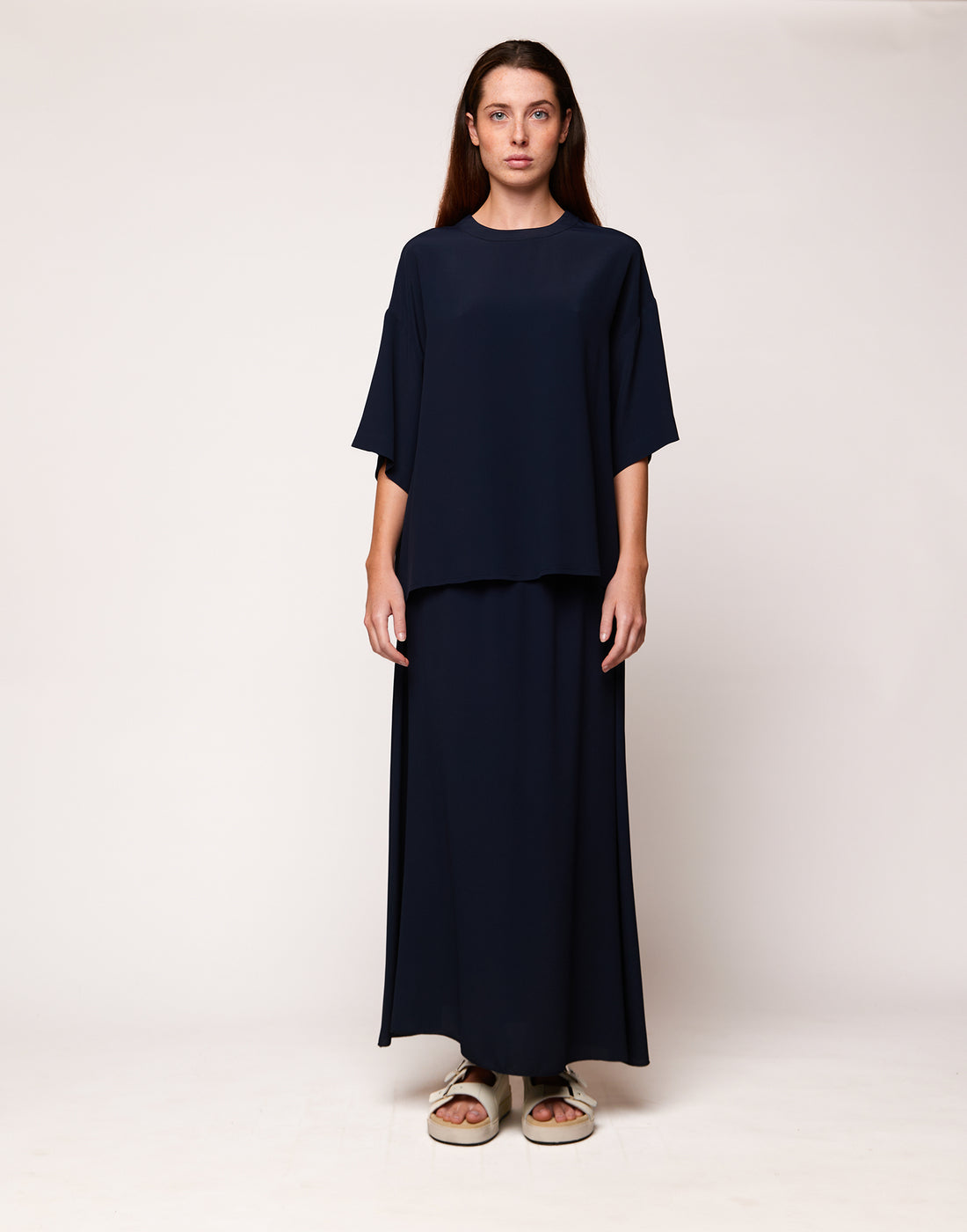 DOUUOD T-shirt in Crepe de Chine Navy Blu