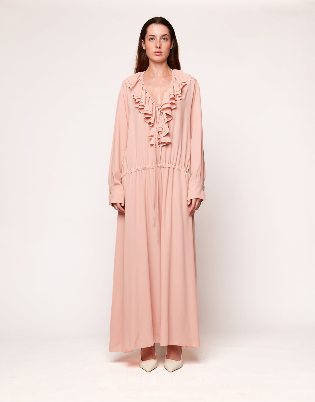 DOUUOD Abito Lungo con Rouches in Crepe de Chine Blush