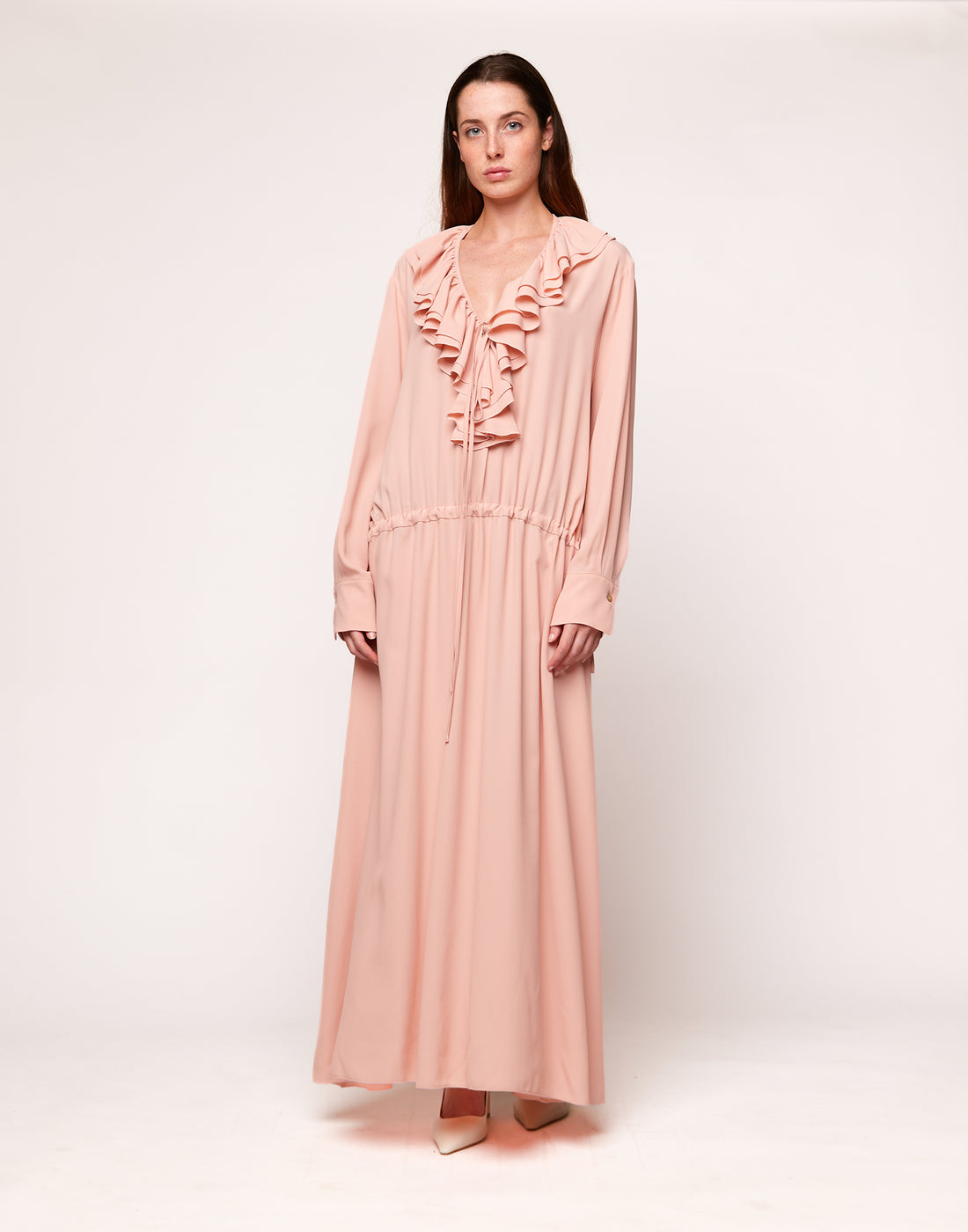 DOUUOD Abito Lungo con Rouches in Crepe de Chine Blush