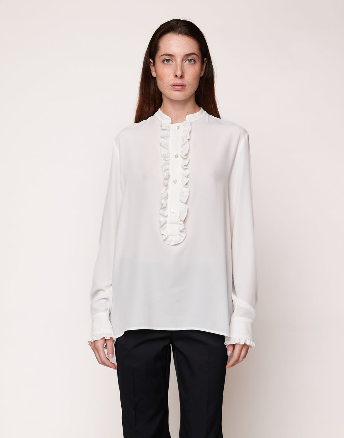 DOUUOD Camicia Serafino con Rouches in Crepe de Chine Latte