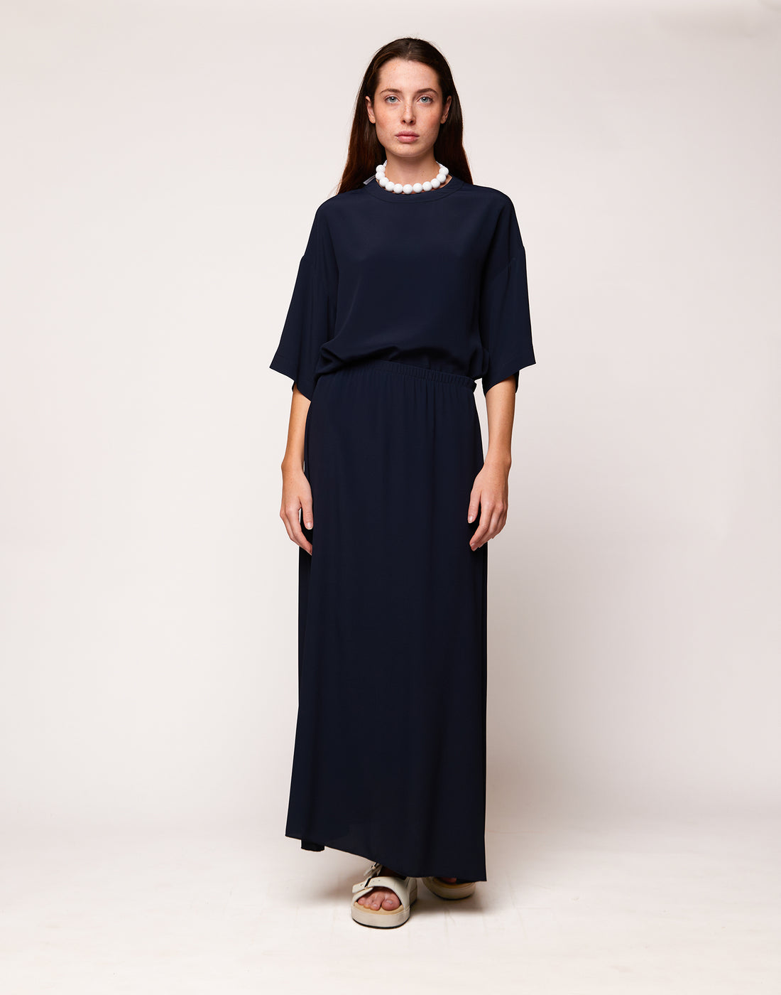 DOUUOD Gonna Lunga in Crepe de Chine Navy Blu