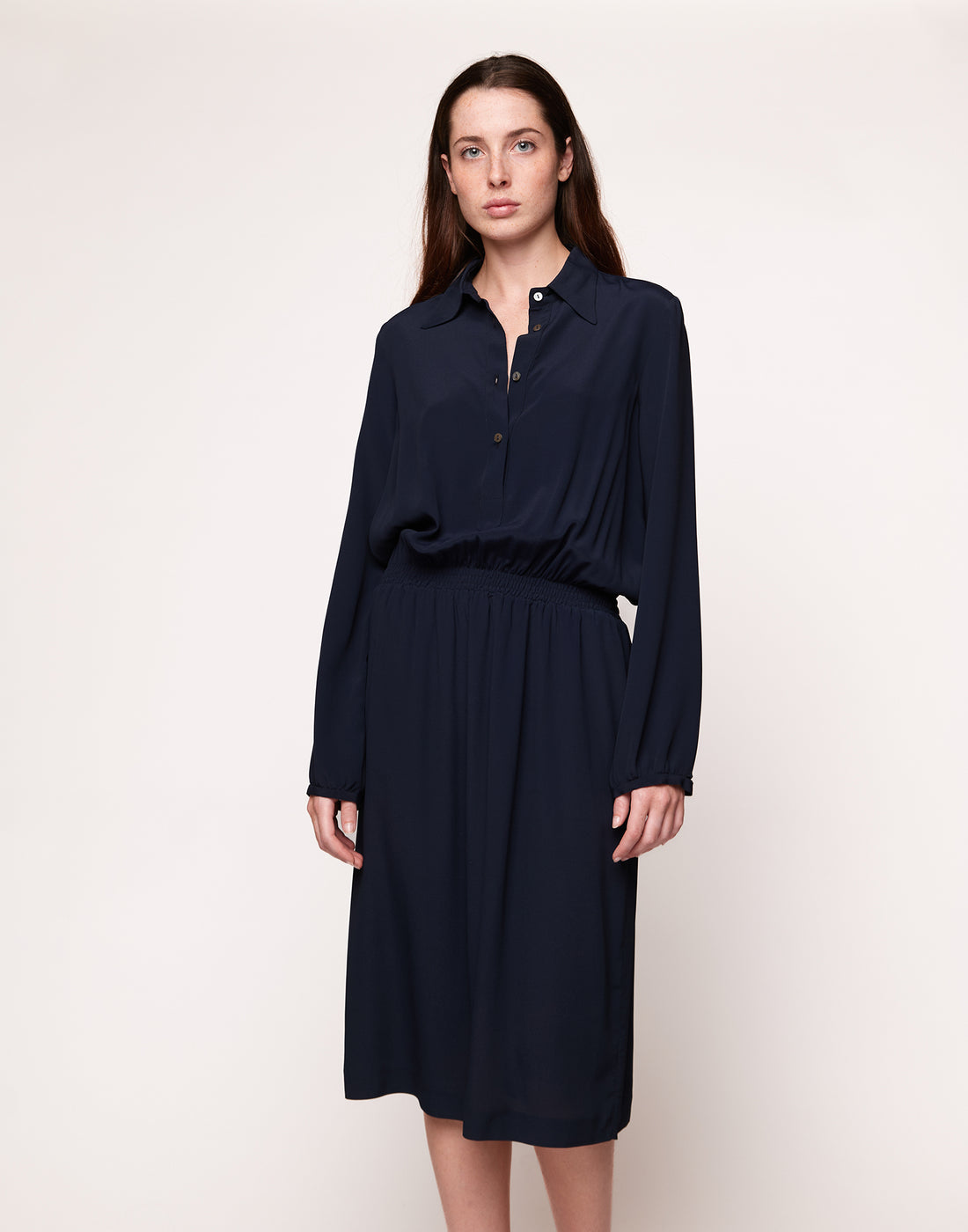 DOUUOD Abito a Camicia in Crepe de Chine Navy Blu