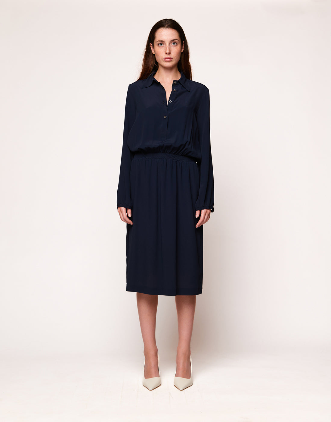 DOUUOD Abito a Camicia in Crepe de Chine Navy Blu