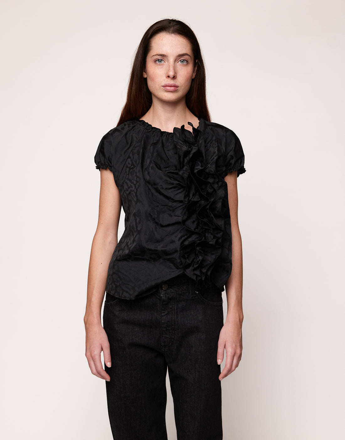 DOUUOD Top con Rouches in Taffetas Jacquard Maculato Nero