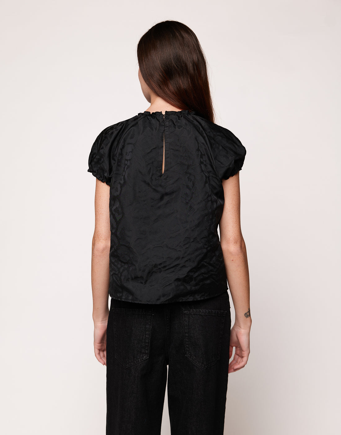 DOUUOD Top con Rouches in Taffetas Jacquard Maculato Nero