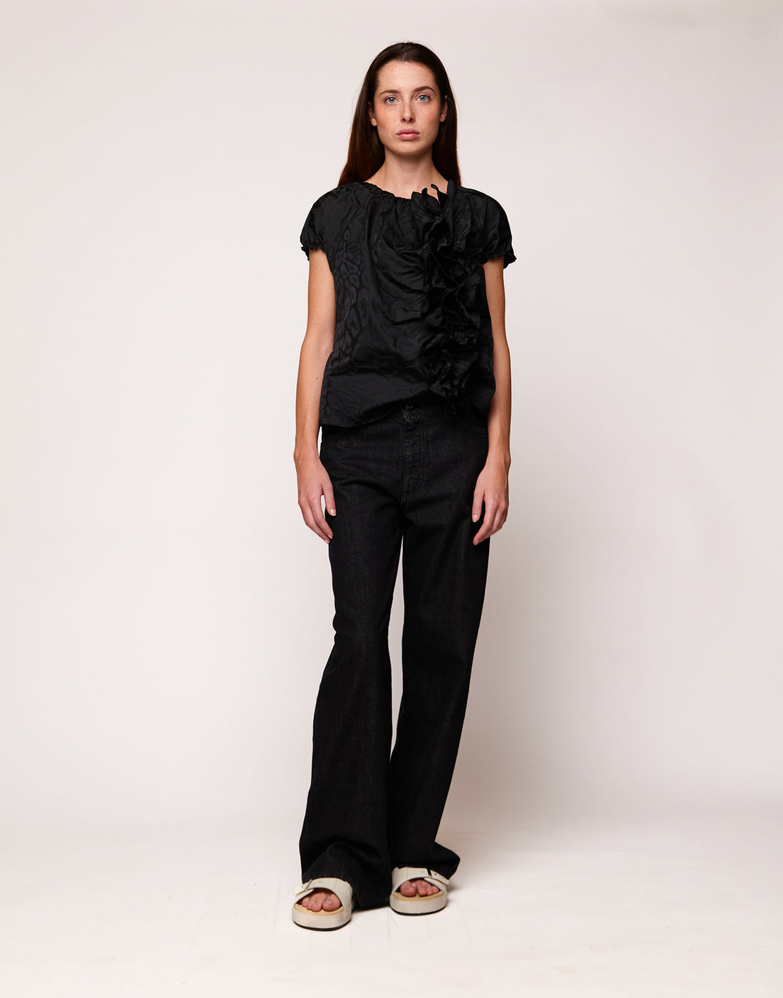 DOUUOD Top con Rouches in Taffetas Jacquard Maculato Nero