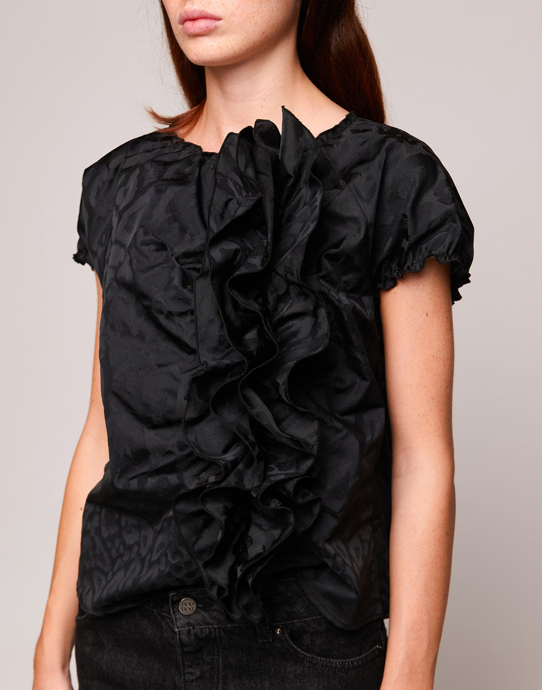 DOUUOD Top con Rouches in Taffetas Jacquard Maculato Nero