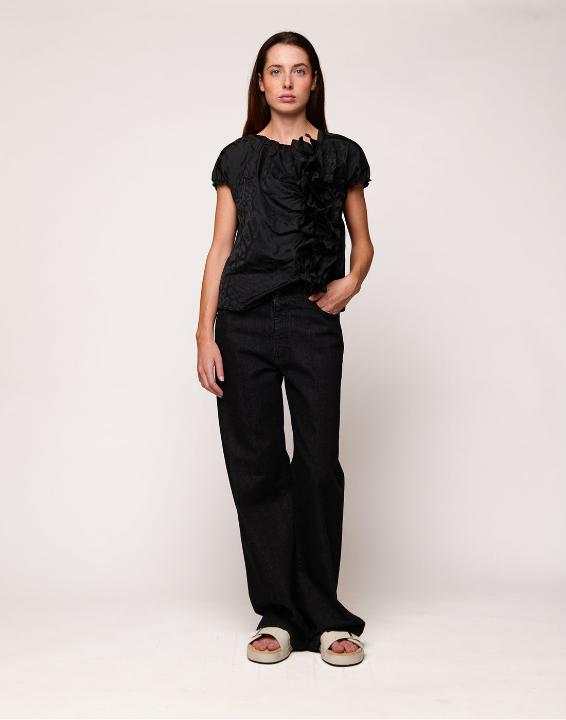 DOUUOD Top con Rouches in Taffetas Jacquard Maculato Nero